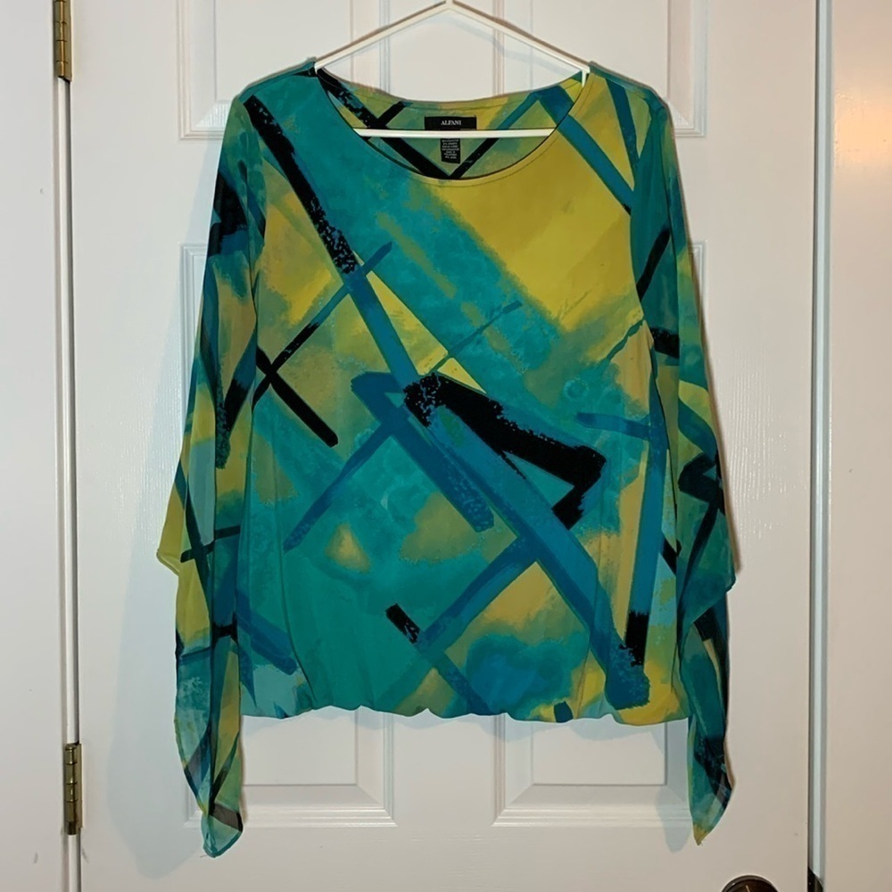 Alfani Blouse Sheer Winged Statement Sleeves Blues Greens Yellows Extra Large